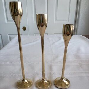 Set of 3 Brass Candle Holders in Tiered Heights